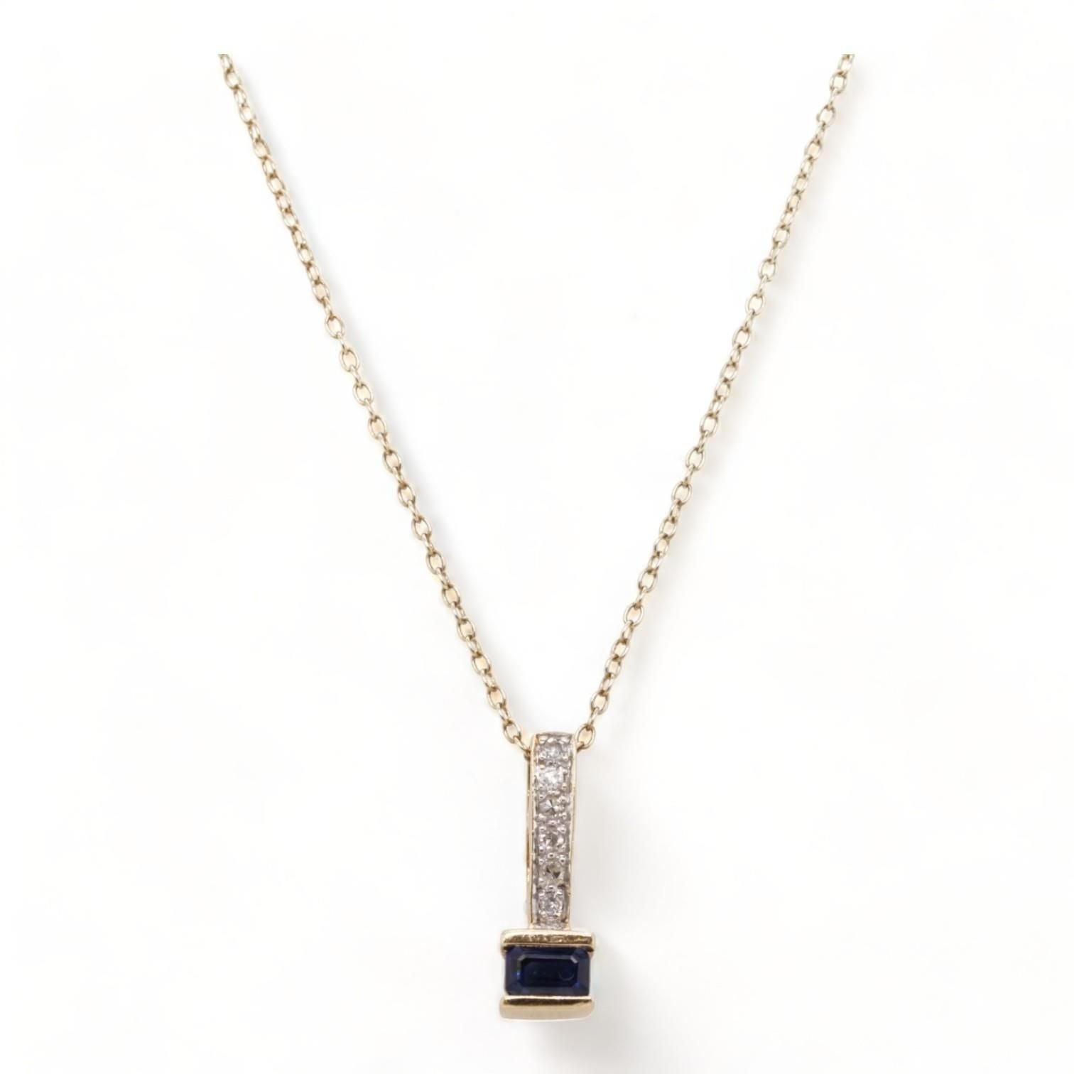 14K Gold Blue Stone And Diamond Accent Bar Drop Pendant Necklace