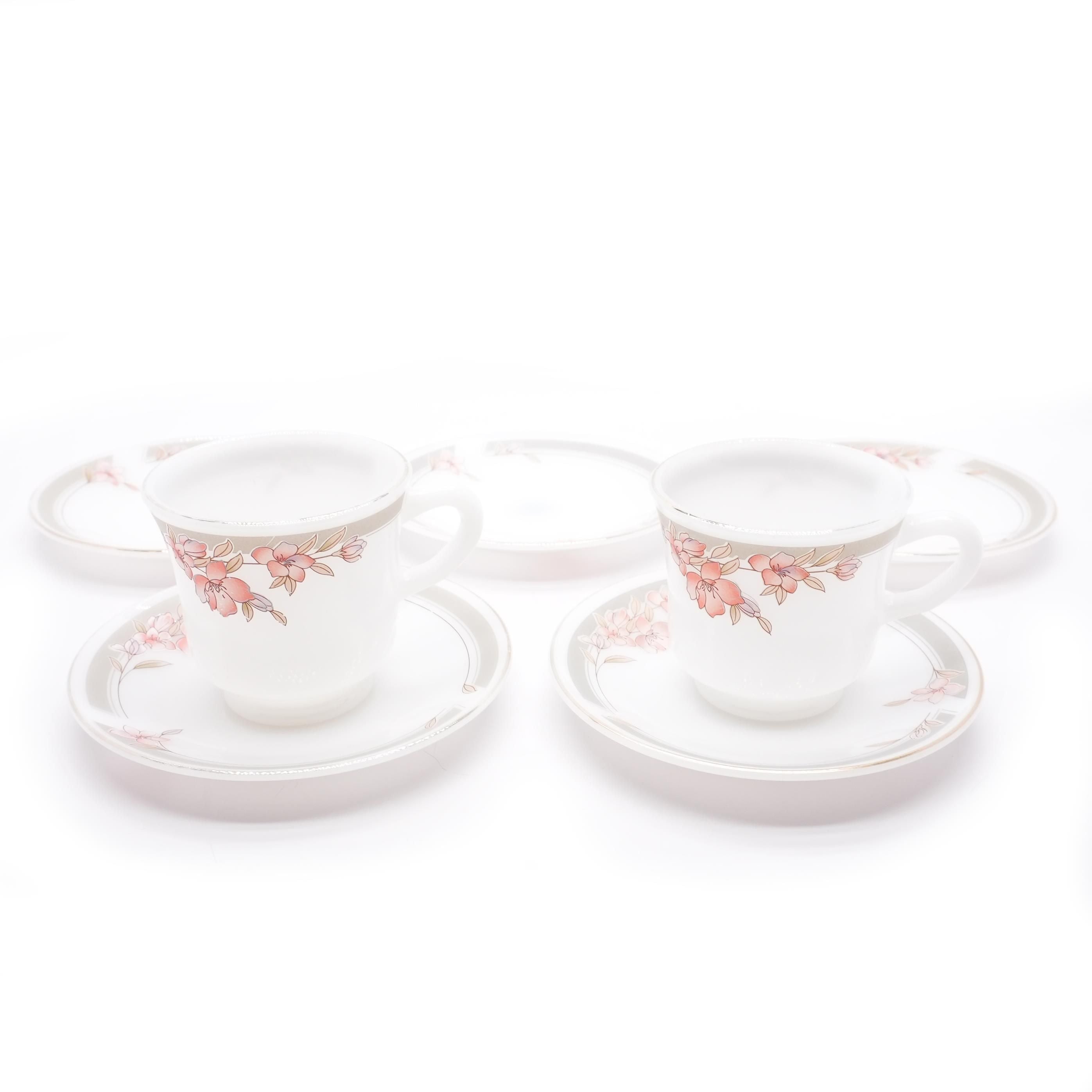 2 Cups, 5 Saucers, Gold Accents, Peach Flowers, W/gray Accents