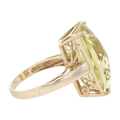 10K Gold Faceted Buff Top Yellow/Green Quartz Cocktail Ring