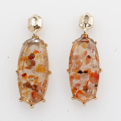 Gold Tone Drop Earrings With Oval Speckled Orange And Brown Clear Stone
