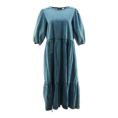 Blue Solid Denim Midi Dress
