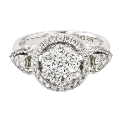 14K White Gold Round Diamond Clusters And Halos Ring