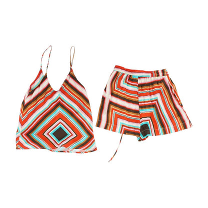 Multi Geometric Sleeveless Blouse and Short Set