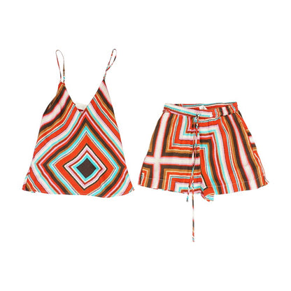 Multi Geometric Sleeveless Blouse and Short Set