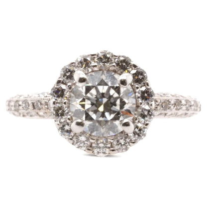 18K White Gold Round Diamond With Diamond Halo Engagement Ring