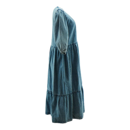 Blue Solid Denim Midi Dress