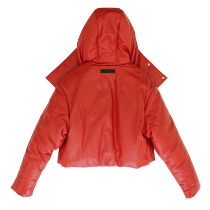 Red Solid Cropped Scout Leather Puffer Jacket