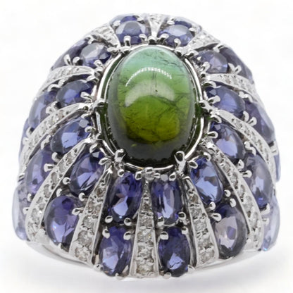 18K White Gold Green Tourmaline With Oval Iolite Diamond Accent Cocktail Ring