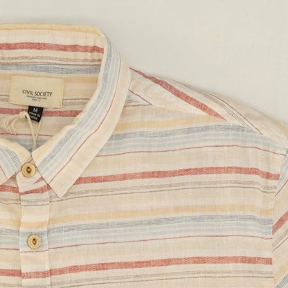 Beige Striped Short Sleeve Button Down Shirt