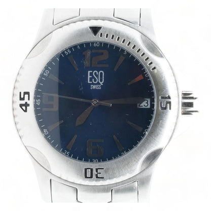 Men's Silver Tone With Blue Dial Rotating Bezel Stainless Steel Watch