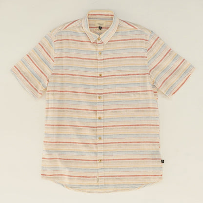 Beige Striped Short Sleeve Button Down Shirt