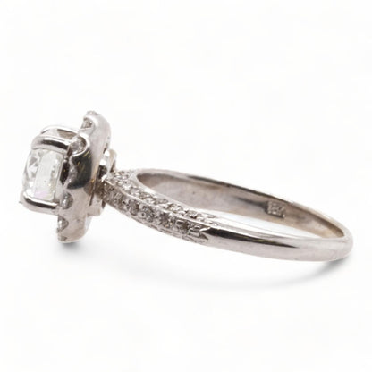 18K White Gold Round Diamond With Diamond Halo Engagement Ring
