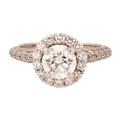 18K White Gold Round Diamond With Diamond Halo Engagement Ring