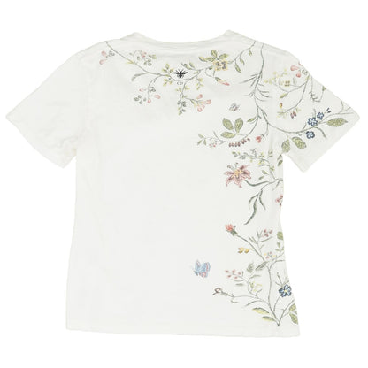 White Floral  Bird Motif Crewneck T-Shirt