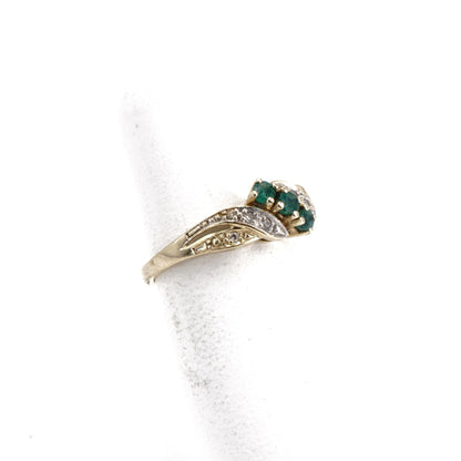 14K Gold Bypass Band With Clear And Green Stones