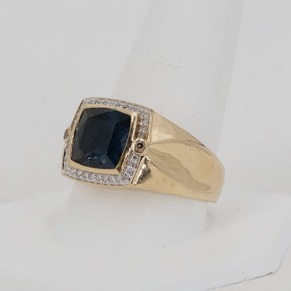 14K Gold Signet Ring with London Blue Topaz and White and Chocolate Diamonds