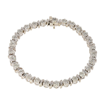 14K White Gold S Link Round Diamond Cluster Tennis Bracelet