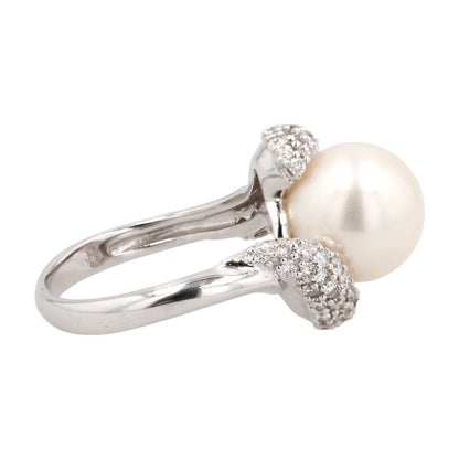18K White Gold Diamond Pave And Cultured Pearl Cocktail Ring
