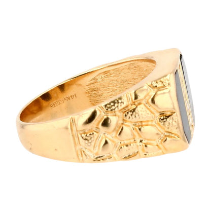 14K Gold Onyx Inlay Signet Style Ring W/ Diamond Row & Nugget Shank