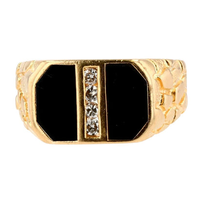 14K Gold Onyx Inlay Signet Style Ring W/ Diamond Row & Nugget Shank