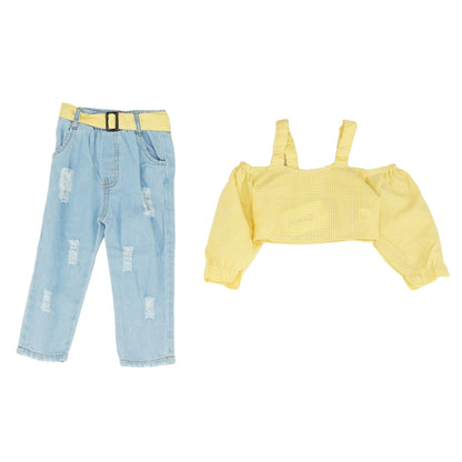 Yellow Check Long Sleeve Blouse and Jean Set