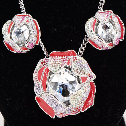 Silver Tone Multi Crystal Rose Necklace