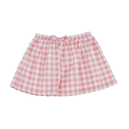 White Animal Short Sleeve Blouse and Pink Check Skirt Set