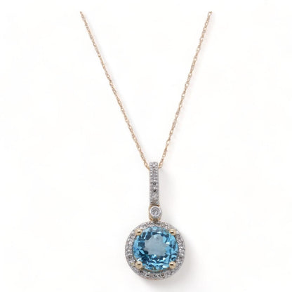 14K Gold Round Blue Topaz With Diamond Halo Pendant Necklace