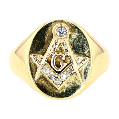 10K Gold Vintage Masonic Mine Cut Diamond Signet Ring