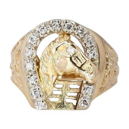 .10 Ct 14K Gold Horseshoe And Horse Head Diamond Accented Ring