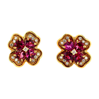 18K Gold Rhodolite Flower Stud Earrings W/ Diamond Accents & Heart Cut Garnet