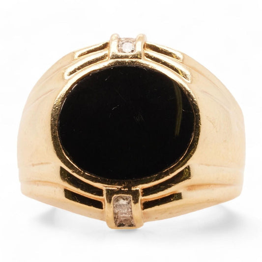 10K Gold Oval Black Slab Diamond Accent Signet Ring