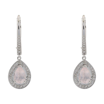 .50 Ct 10K White Gold Pear Cut Rose Quartz With Diamond Accents Dangle Earrings