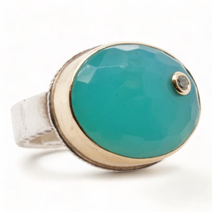 Sterling Silver Chrysoprase With Bezel Set Diamond And 14K Gold Ring