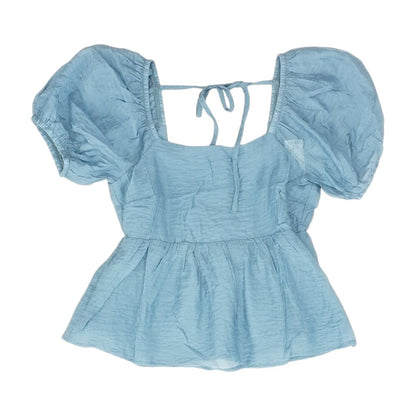 Blue Solid Short Sleeve Blouse