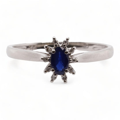 14K White Gold Oval Blue Sapphire With Starburst Diamond Halo Ring