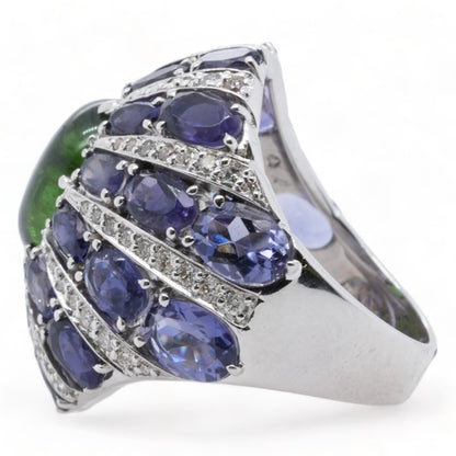 18K White Gold Green Tourmaline With Oval Iolite Diamond Accent Cocktail Ring