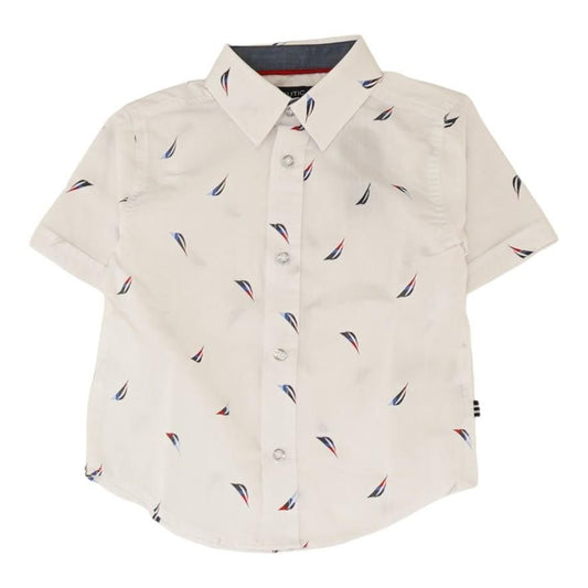 White Graphic Short Sleeve Button Down