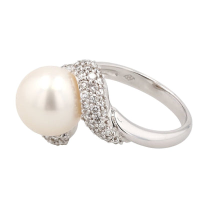 18K White Gold Diamond Pave And Cultured Pearl Cocktail Ring