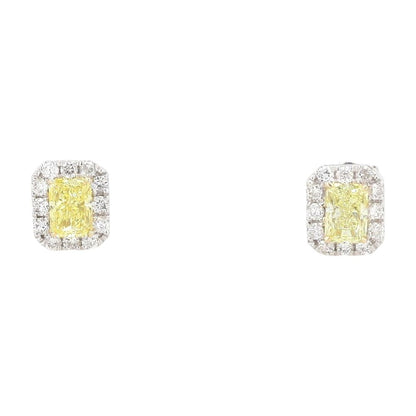 14K White Gold Radiant Cut Yellow Lab Grown Diamond With Halo Stud Earrings