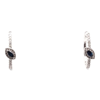 10K White Gold Diamond Hoop Earrings With Sapphire Center