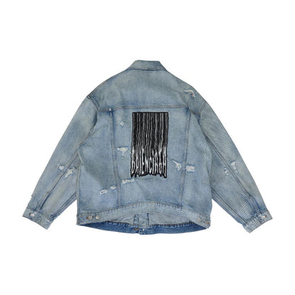 Blue 2021 Barcode Distressed Denim Jacket