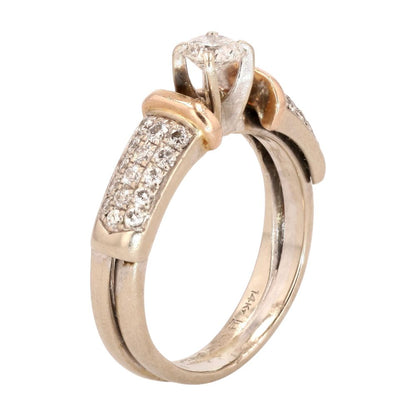 14K Two Tone Gold Soldered Round Diamond Center And Accents Engagement Ring Set