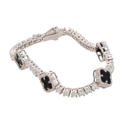 Sterling Silver Onyx Clover Station With Moissanite Accents Link Bracelet