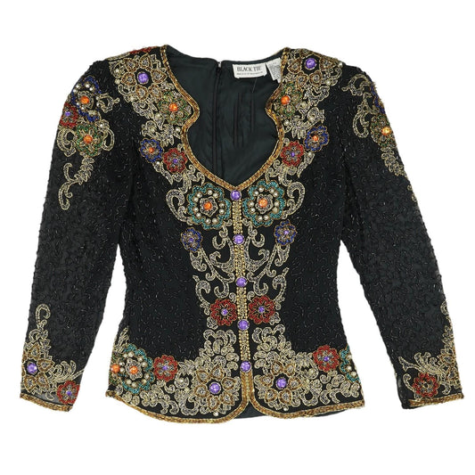 Vintage 1980's-1990's Black Embroidered Detail Long Sleeve Blouse