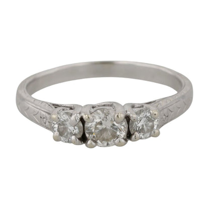 .20 ct , .33 ct 14K White Gold Three Diamond Engagement Ring W/ Engraved Shank