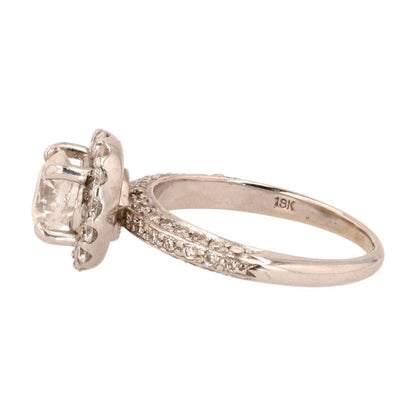 18K White Gold Round Diamond With Diamond Halo Engagement Ring