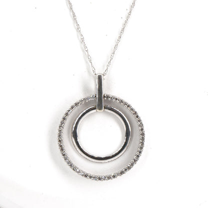 14K White Gold Double Circle With Diamonds Pendant Necklace