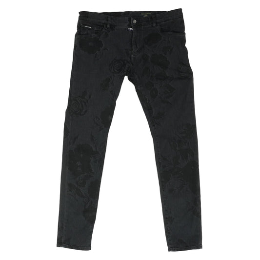 Black Rose-Print Skinny Jeans