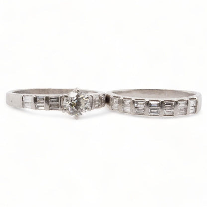 Platinum Six Prong Round Diamond With Baguette Accented Band Engagement Set